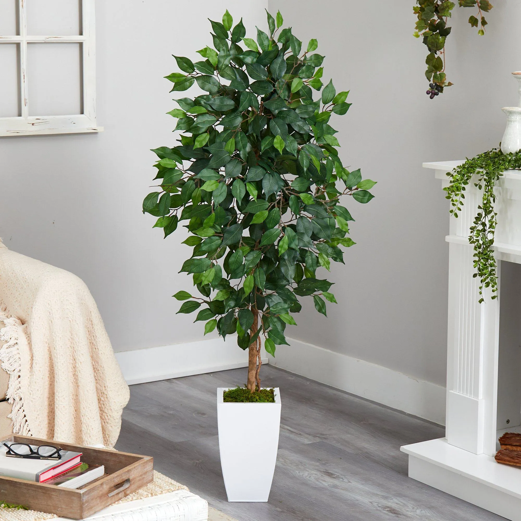 4.5’ Ficus Artificial Tree in White Metal Planter