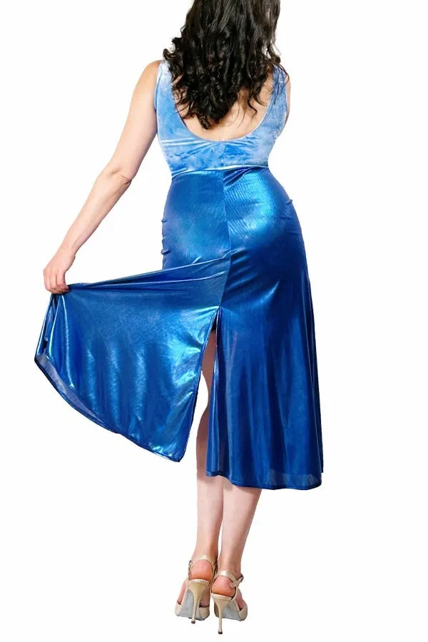 blue cloud velvet & lame STELLA tango dress with slits