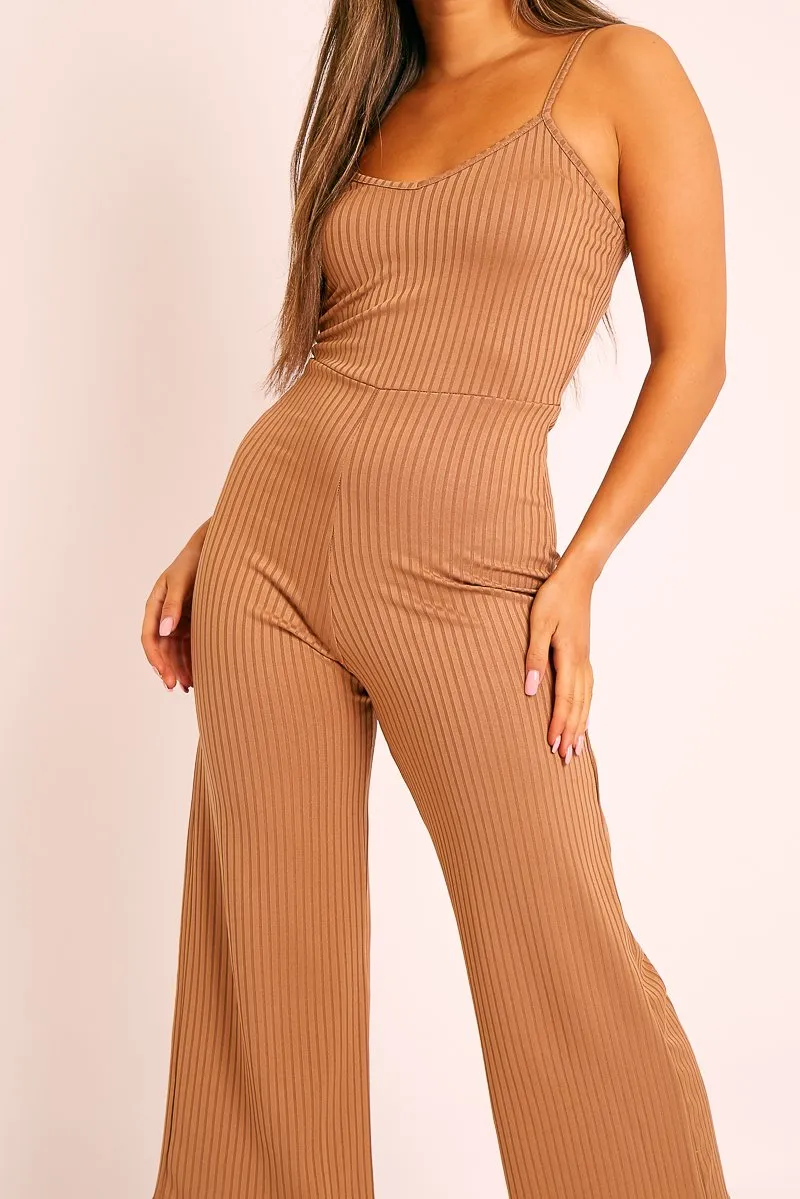 Camel Ribbed Wide Leg Jumpsuit - Elpha