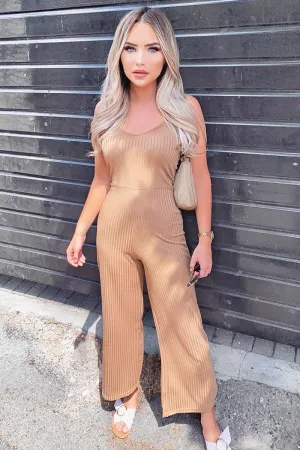 Camel Ribbed Wide Leg Jumpsuit - Elpha