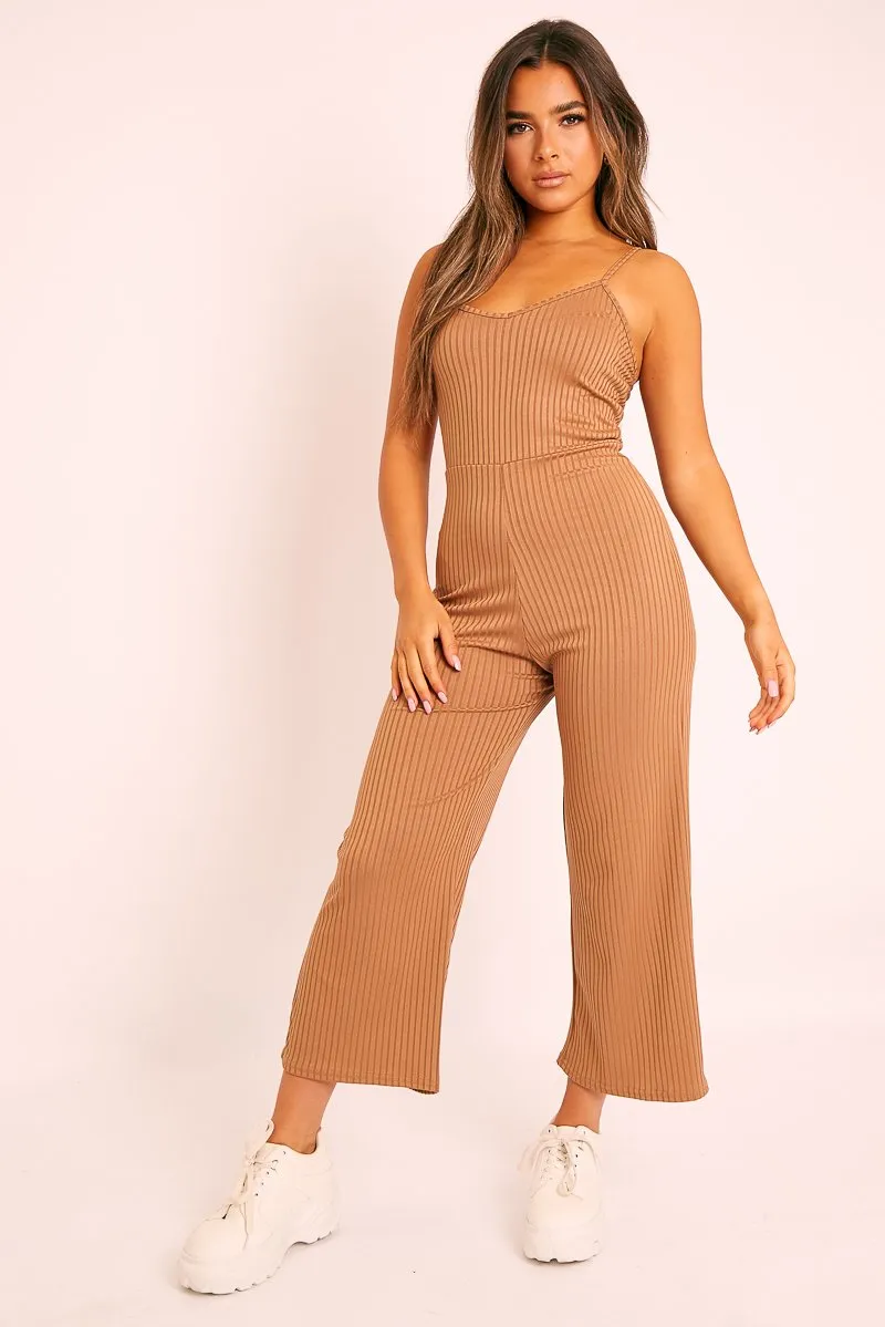 Camel Ribbed Wide Leg Jumpsuit - Elpha