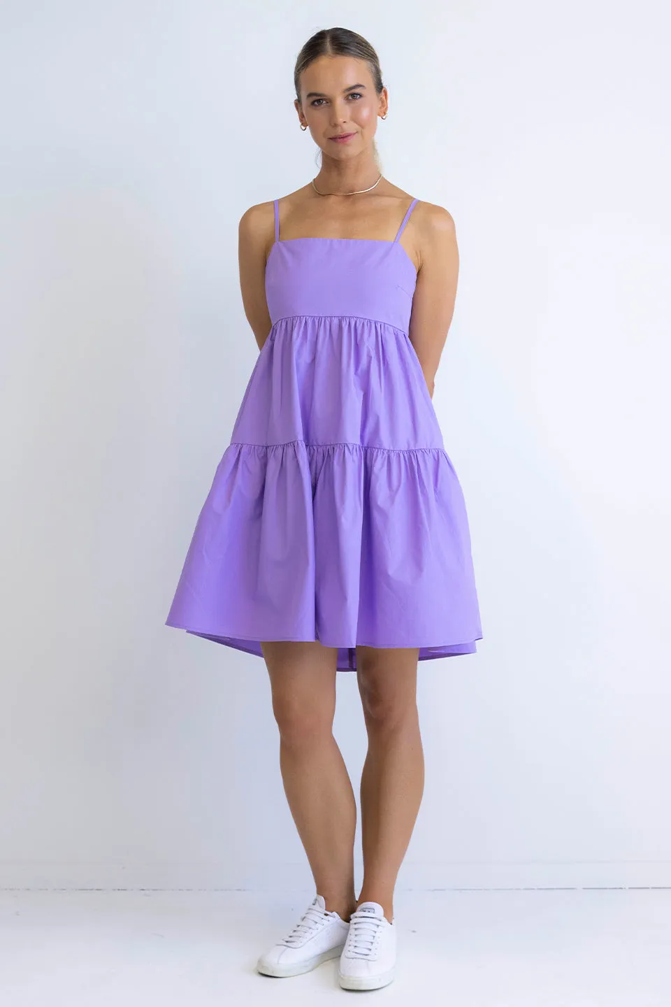 Cosmos Lilac Poplin Tiered Tie Back Strappy Mini Dress