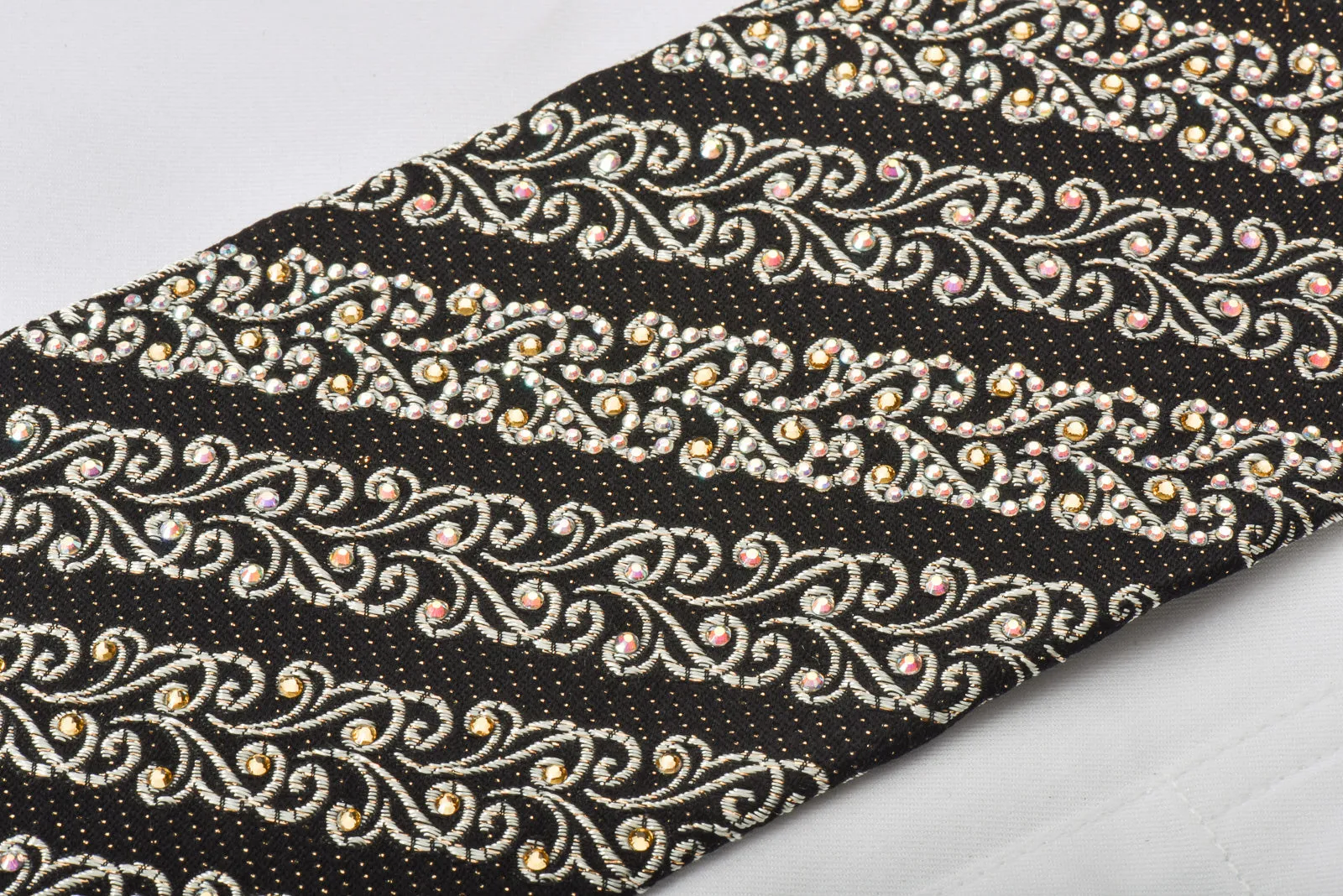 Daks Rhinestone Silk Necktie Silver Filigree On Black With Golden Sparkles