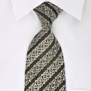 Daks Rhinestone Silk Necktie Silver Filigree On Black With Golden Sparkles