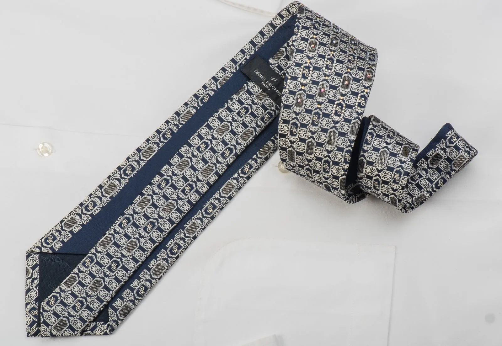 Daniel Hechter Rhinestone Tie Silver Cartouche On Navy With Sparkles