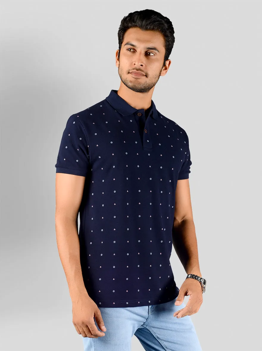 Deep Blue Printed Slim Fit Polo T-shirt | Greenfibre