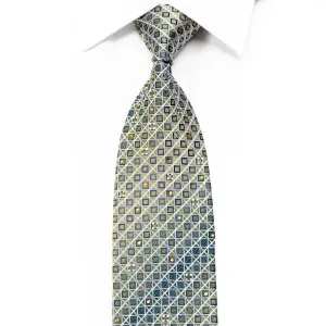 Elegance Rhinestone Silk Necktie Silver Blue Trellis On Green With Sparkles