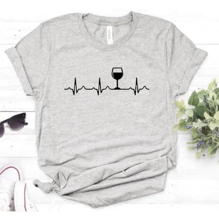 Free   Shipping Women Wine Heartbeat T Shirt