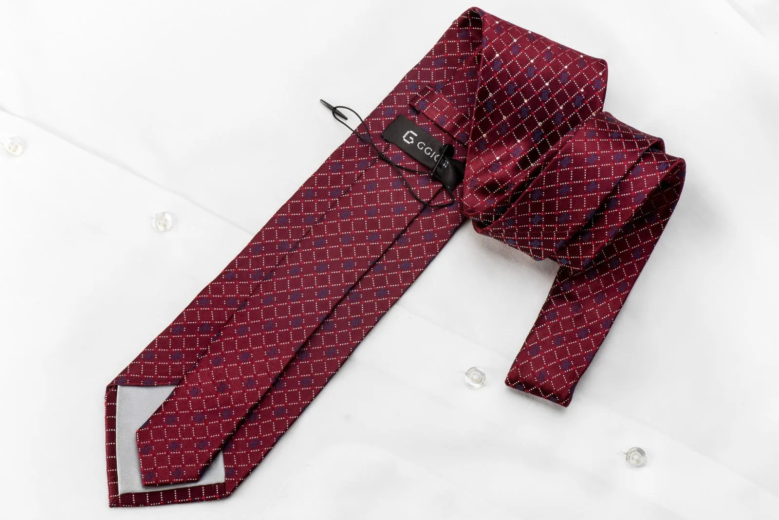 GGio Men's Silk Crystal Necktie Checkered On Burgundy