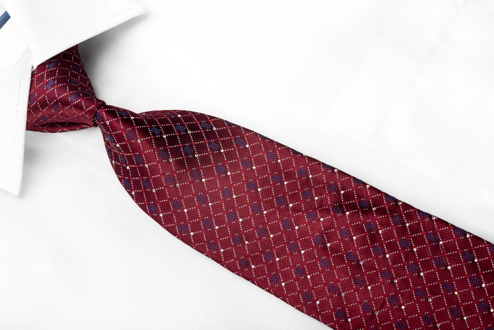 GGio Men's Silk Crystal Necktie Checkered On Burgundy