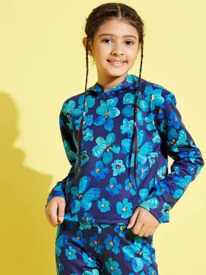 Girls Navy Floral Scuba Full Sleeve Crop Hoodie