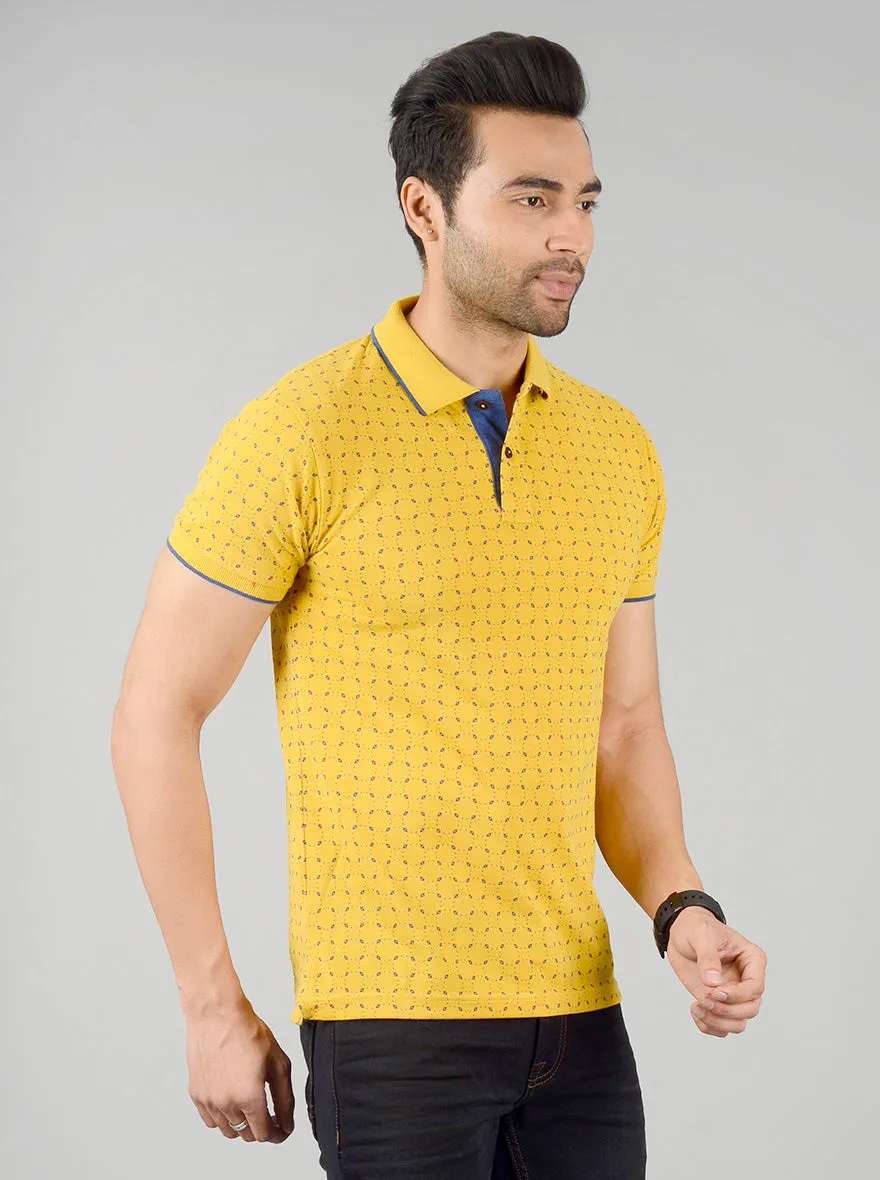 Golden Yellow Printed Slim Fit Polo T-shirt | Greenfibre