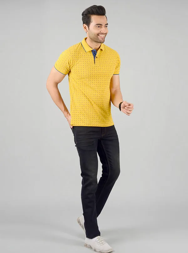 Golden Yellow Printed Slim Fit Polo T-shirt | Greenfibre