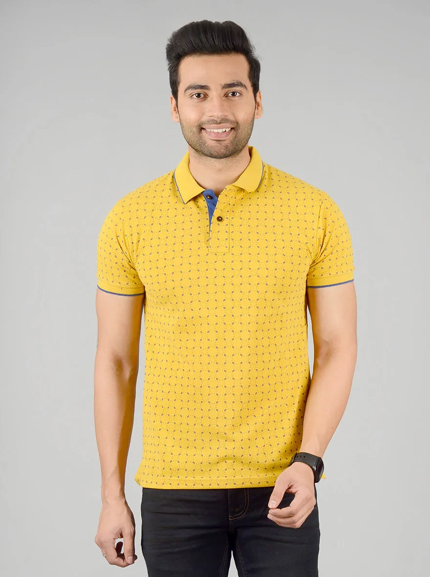 Golden Yellow Printed Slim Fit Polo T-shirt | Greenfibre