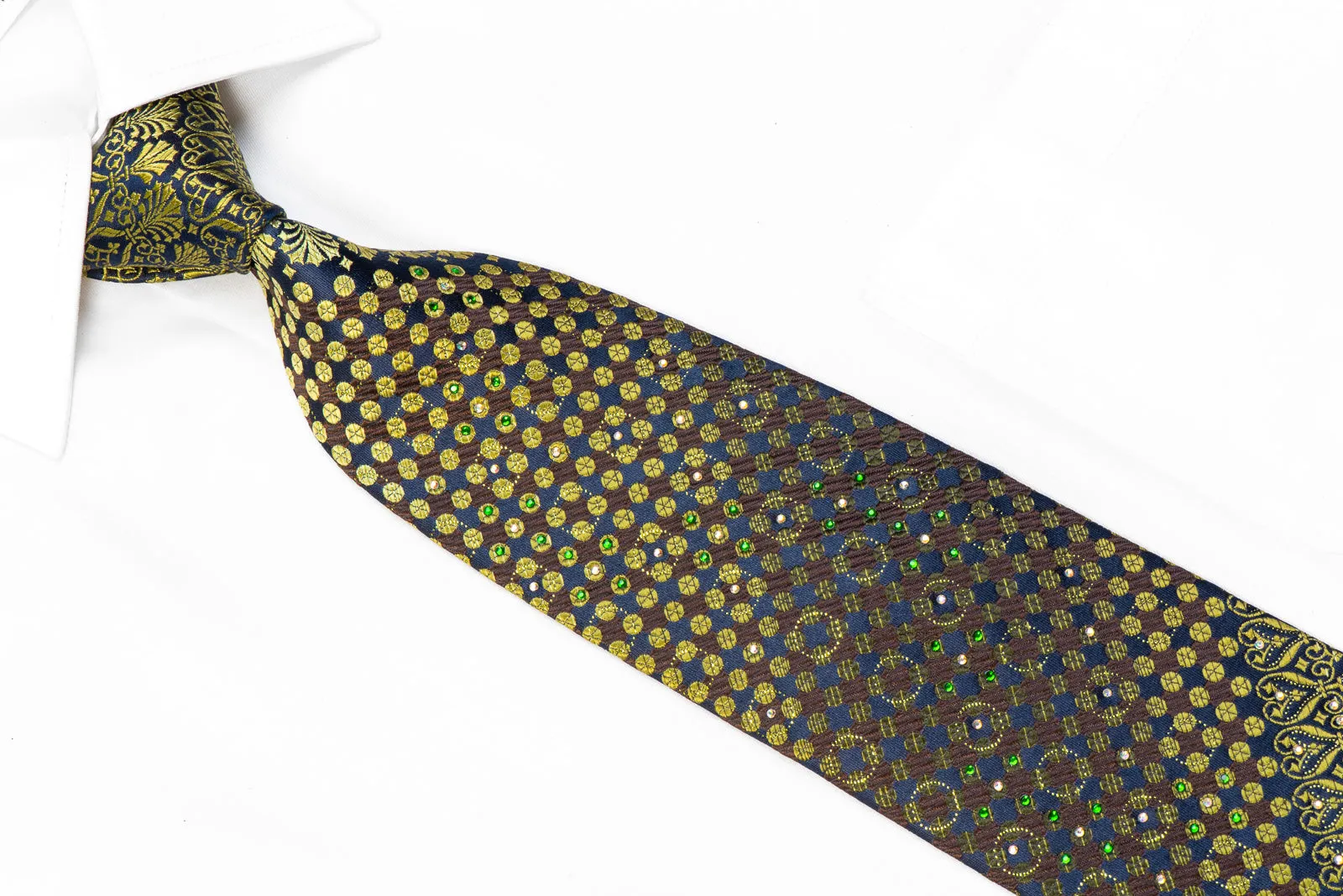 Guy Laroche Rhinestone Silk Necktie Green Anthemion Geometric On Navy With Sparkles