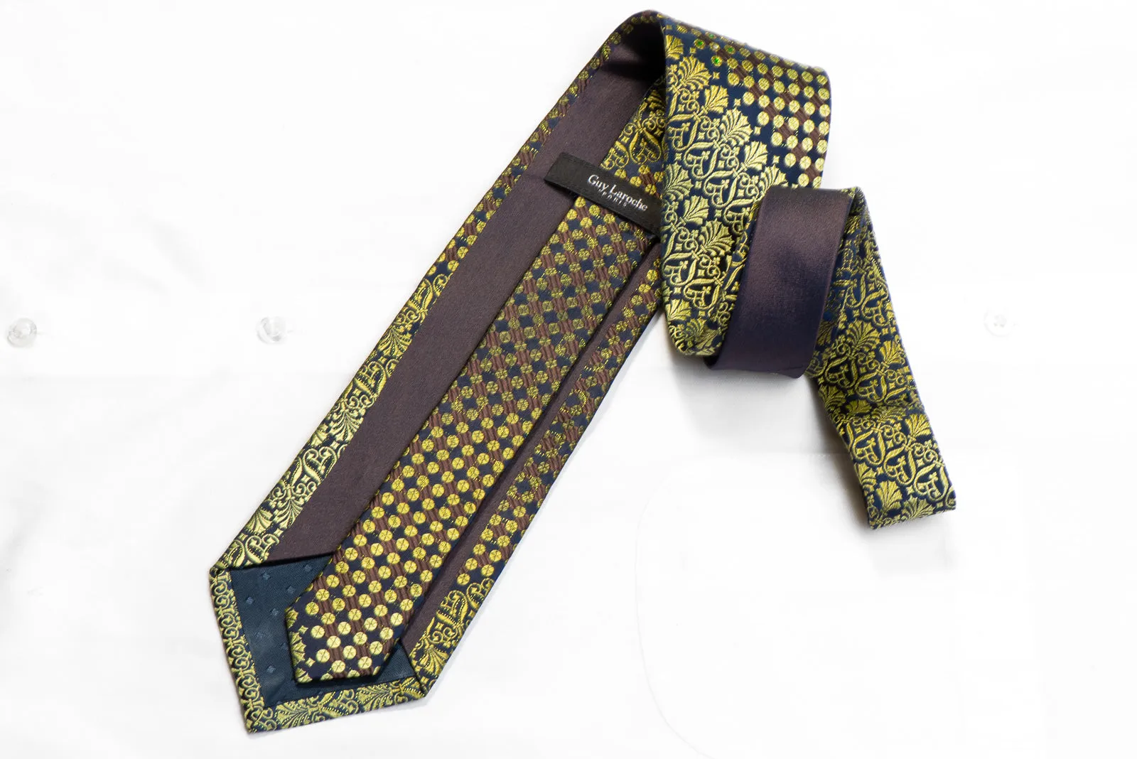 Guy Laroche Rhinestone Silk Necktie Green Anthemion Geometric On Navy With Sparkles