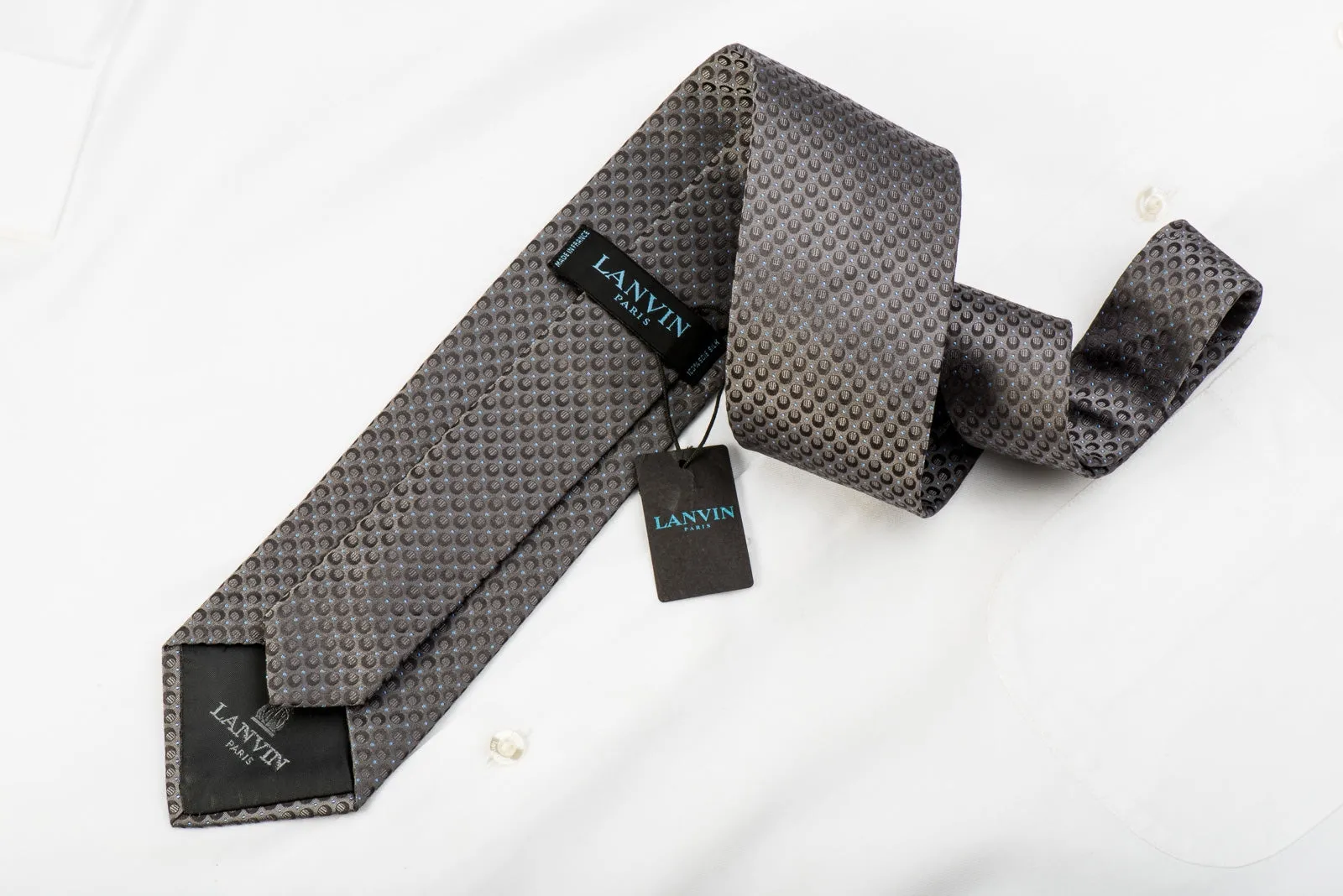 Lanvin Men's Silk Tie Black & Blue Dots On Dark Gray Silk