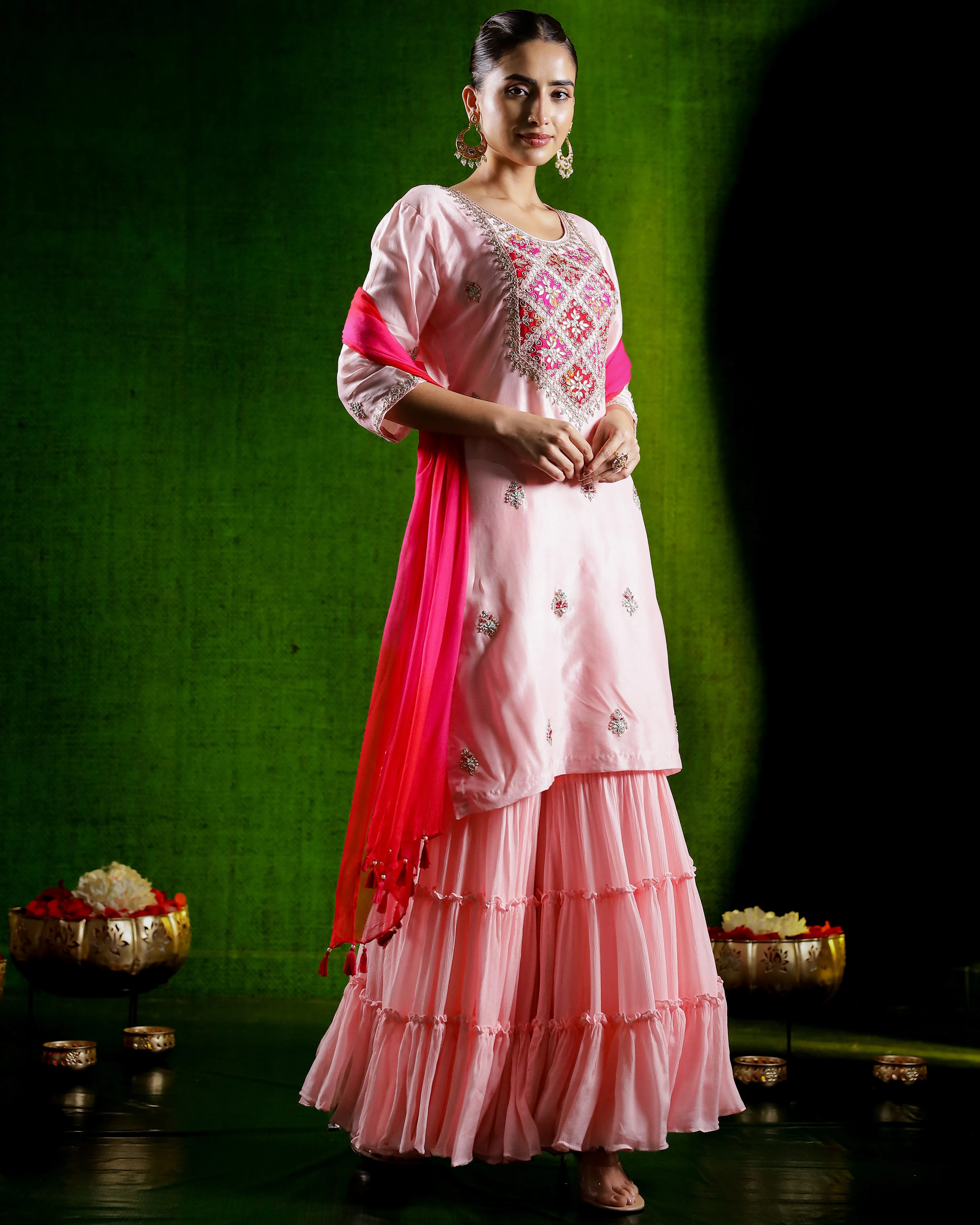 Light Pink Embellished Tissue Silk Sharara Set