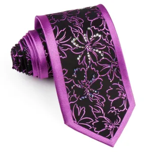 Men's Neck Tie By Roberta di Camerino Purple Floral On Black With Rhinestones