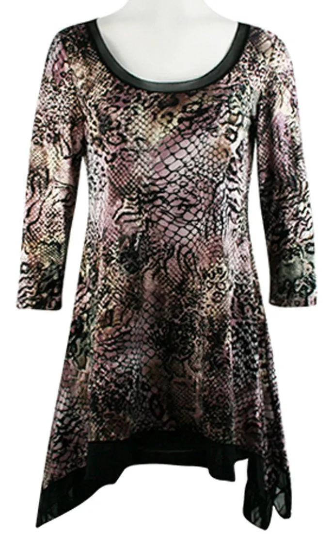 Mesmerize - Flocking Animal, Mesh Trimmed Collar & Asymmetric Hem Tunic Top