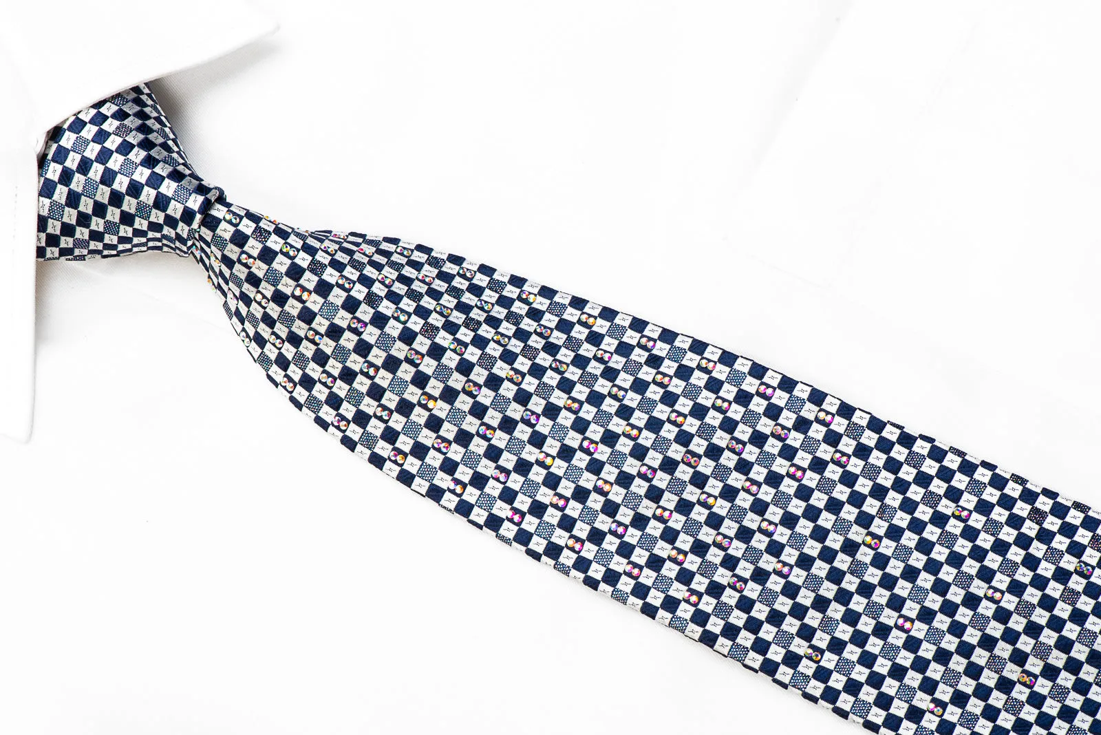 Metro City Rhinestone Silk Necktie Silver Navy Checkered With Silver Sparkles