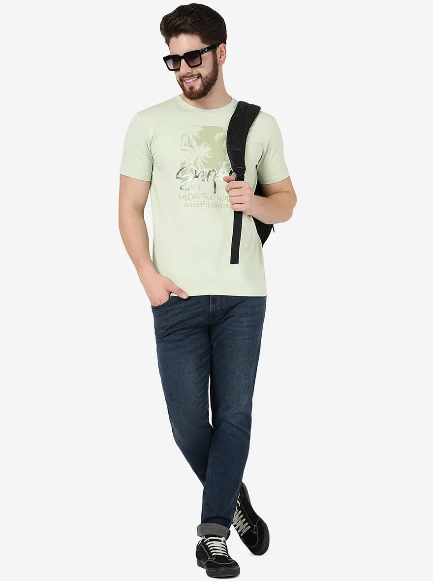 Mint Green Printed Slim Fit T-Shirt | JadeBlue