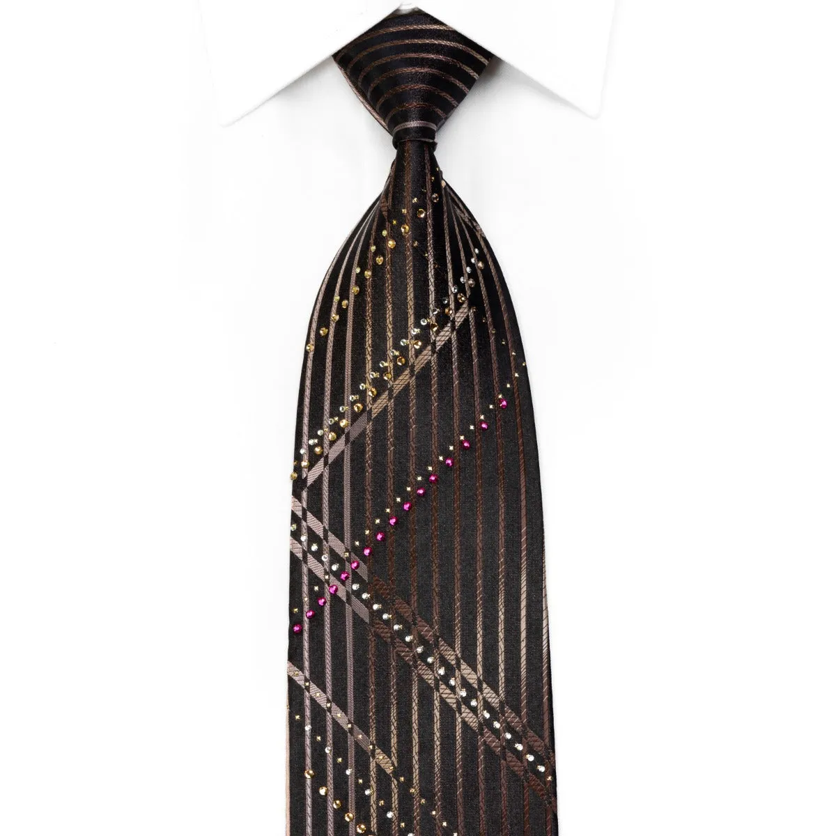 Paco Rabanne Men's Rhinestone Necktie Brown Vertical Striped On Black With Sparkles