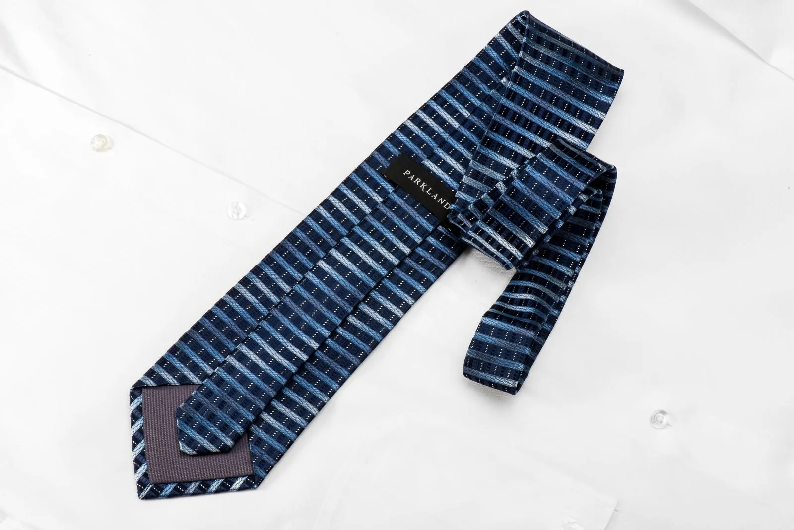 Park Land Men's Silk Tie Horizontal Striped On Blue With Silver Sparkles