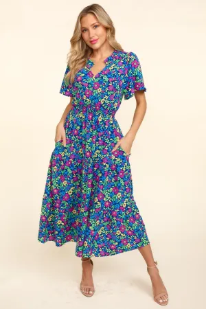 Printed Notched Short Sleeve Dress with Pockets