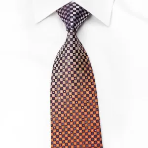 Renoma Men's Crystal Silk Necktie Silver Orange Checkered On Purple With Silver Green Sparkles