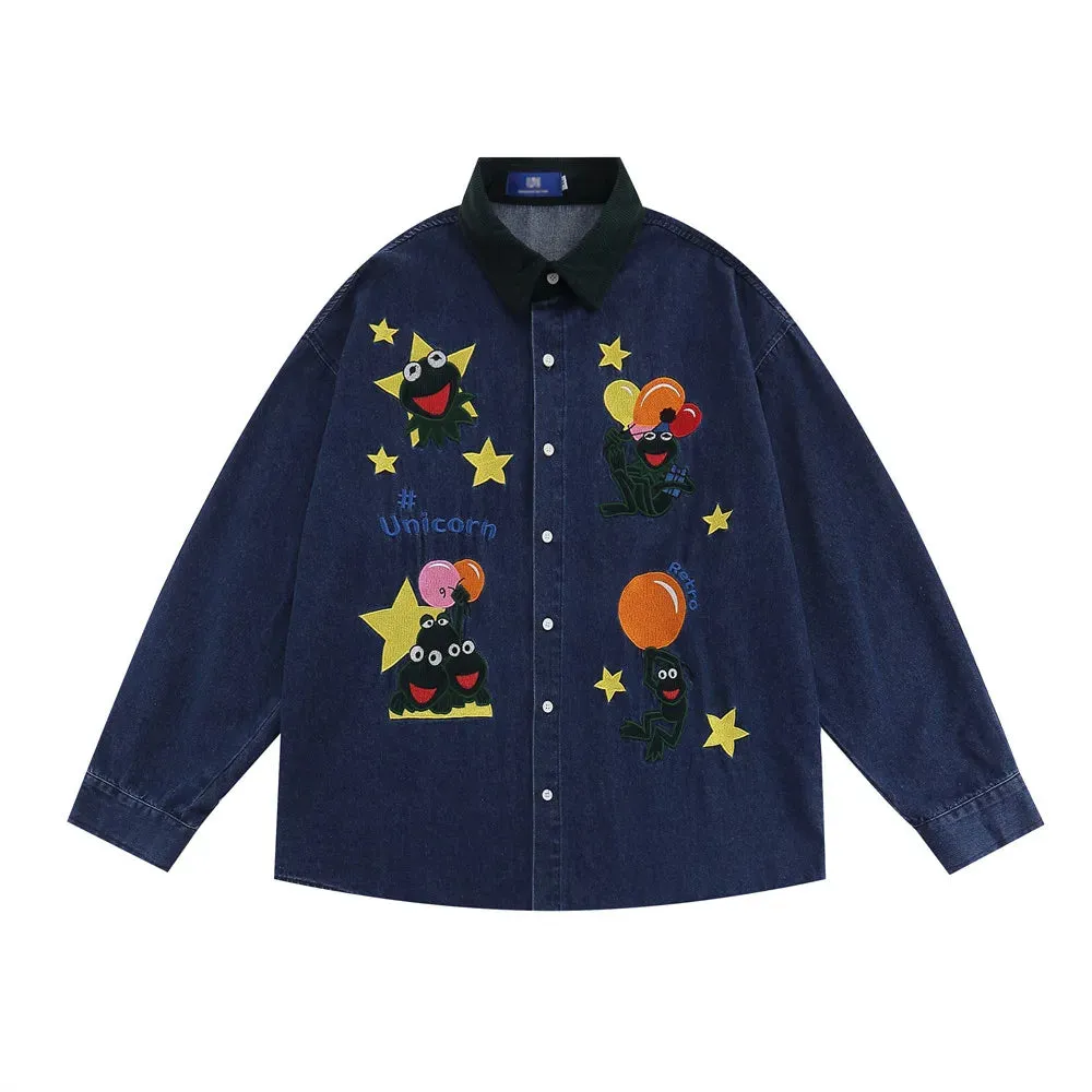 Retro Casual Denim Shirts with Frog Embroidery and Patchwork