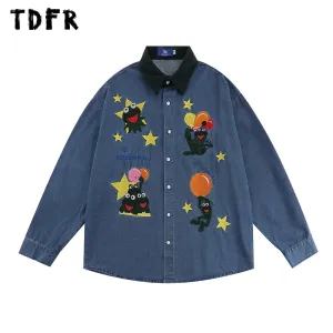 Retro Casual Denim Shirts with Frog Embroidery and Patchwork