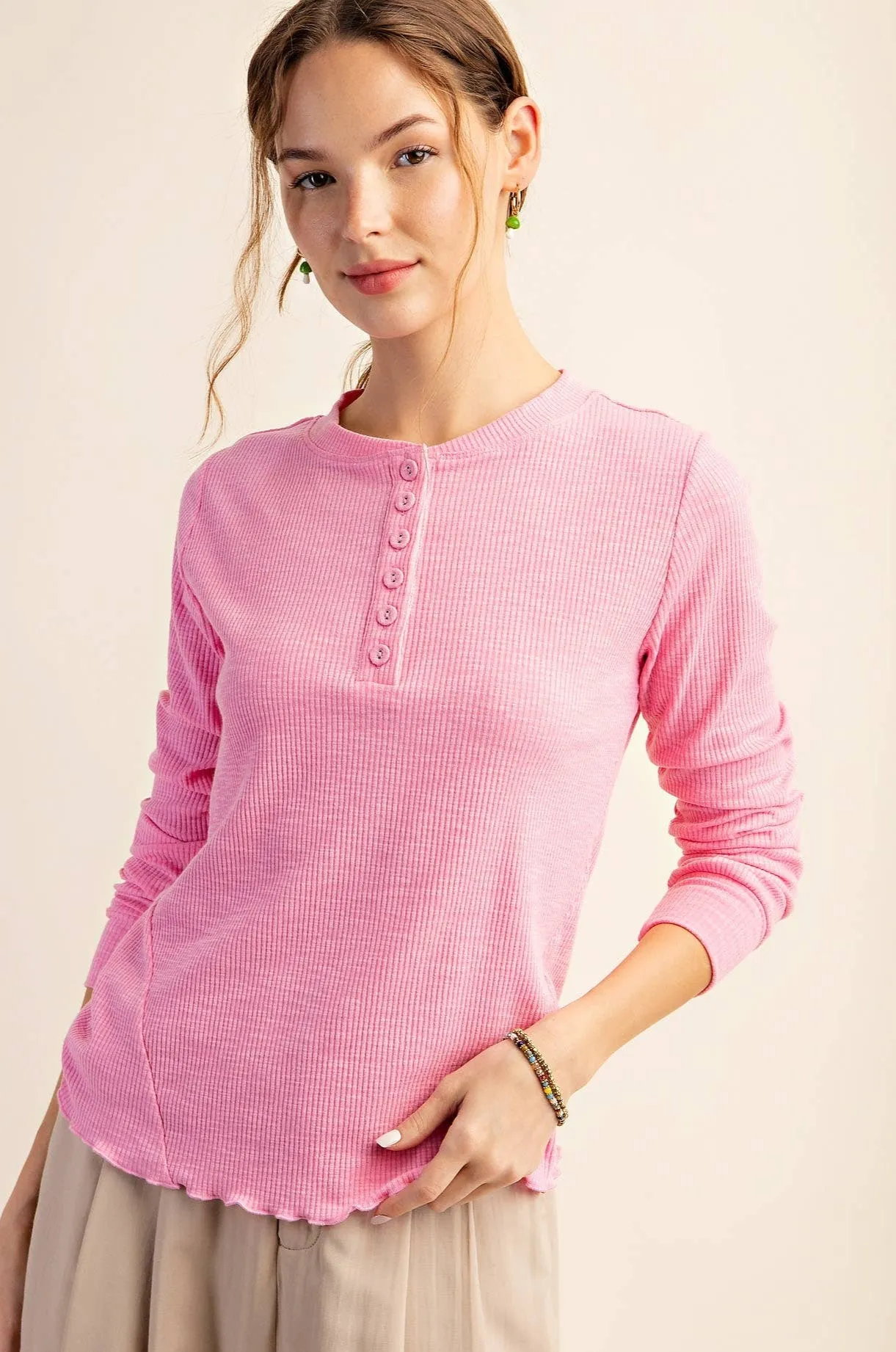 Ribbed Pink Henley Top