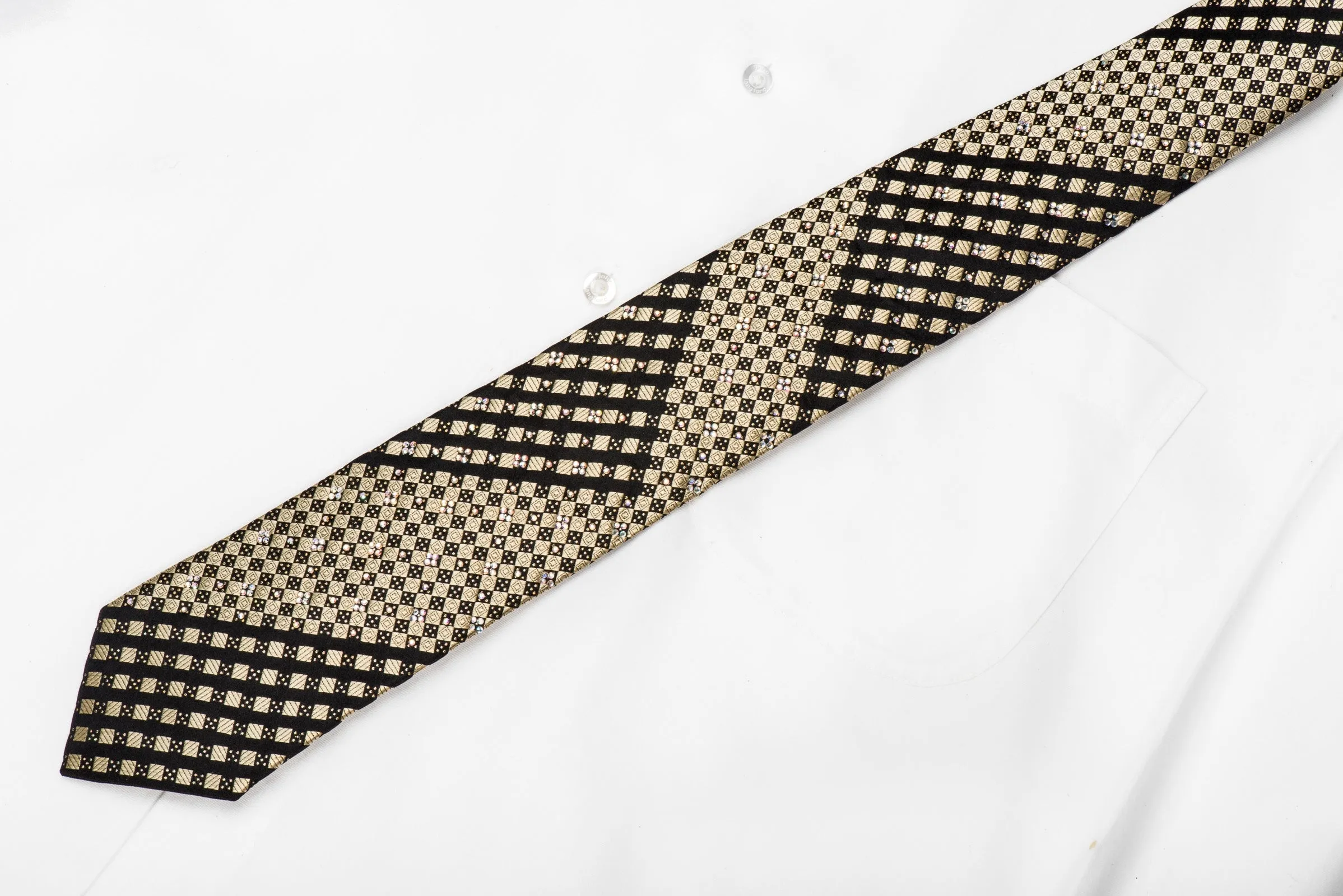 Roberta di Camerino Men's Crystal Tie Black Gold Diagonal Checker With Golden Sparkles