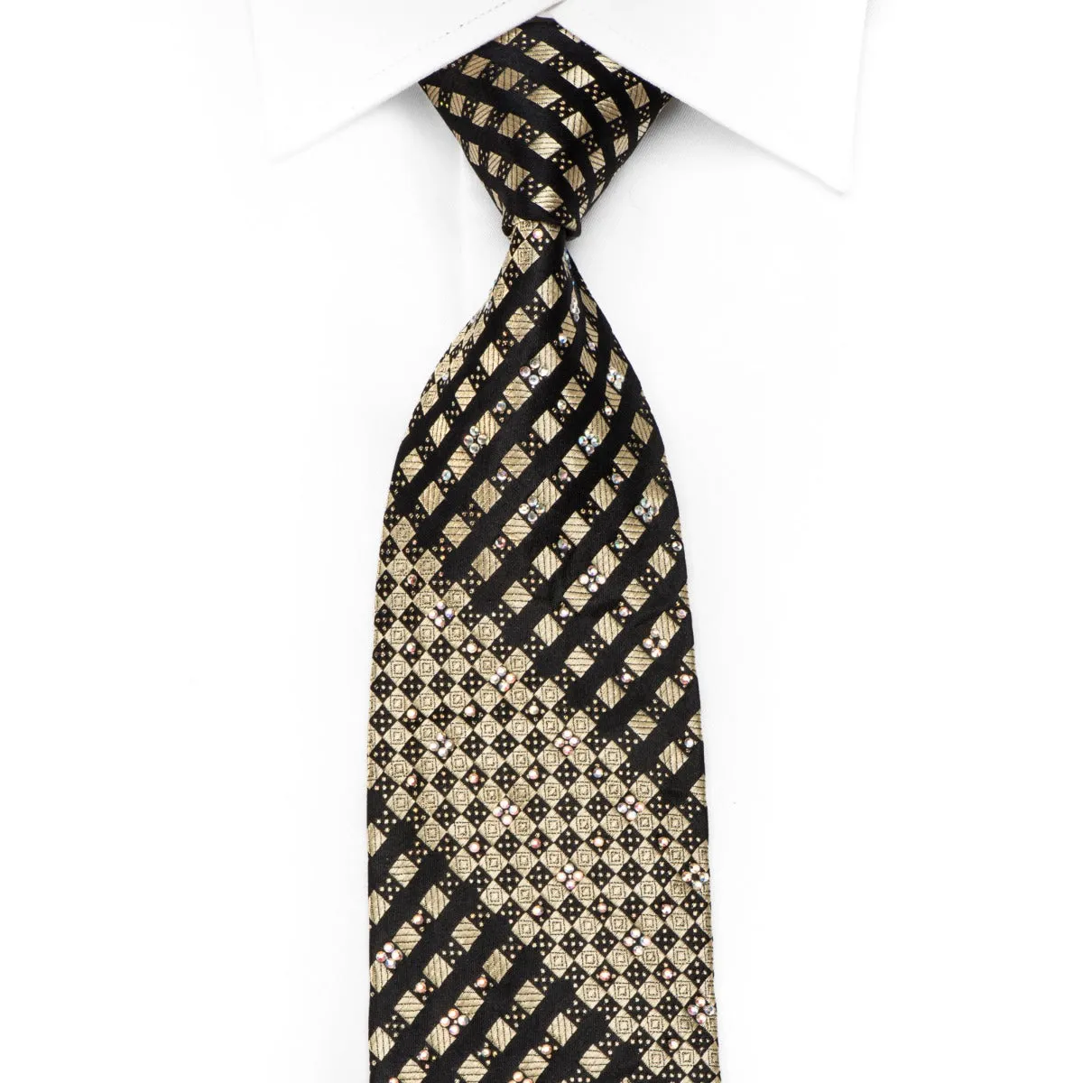 Roberta di Camerino Men's Crystal Tie Black Gold Diagonal Checker With Golden Sparkles