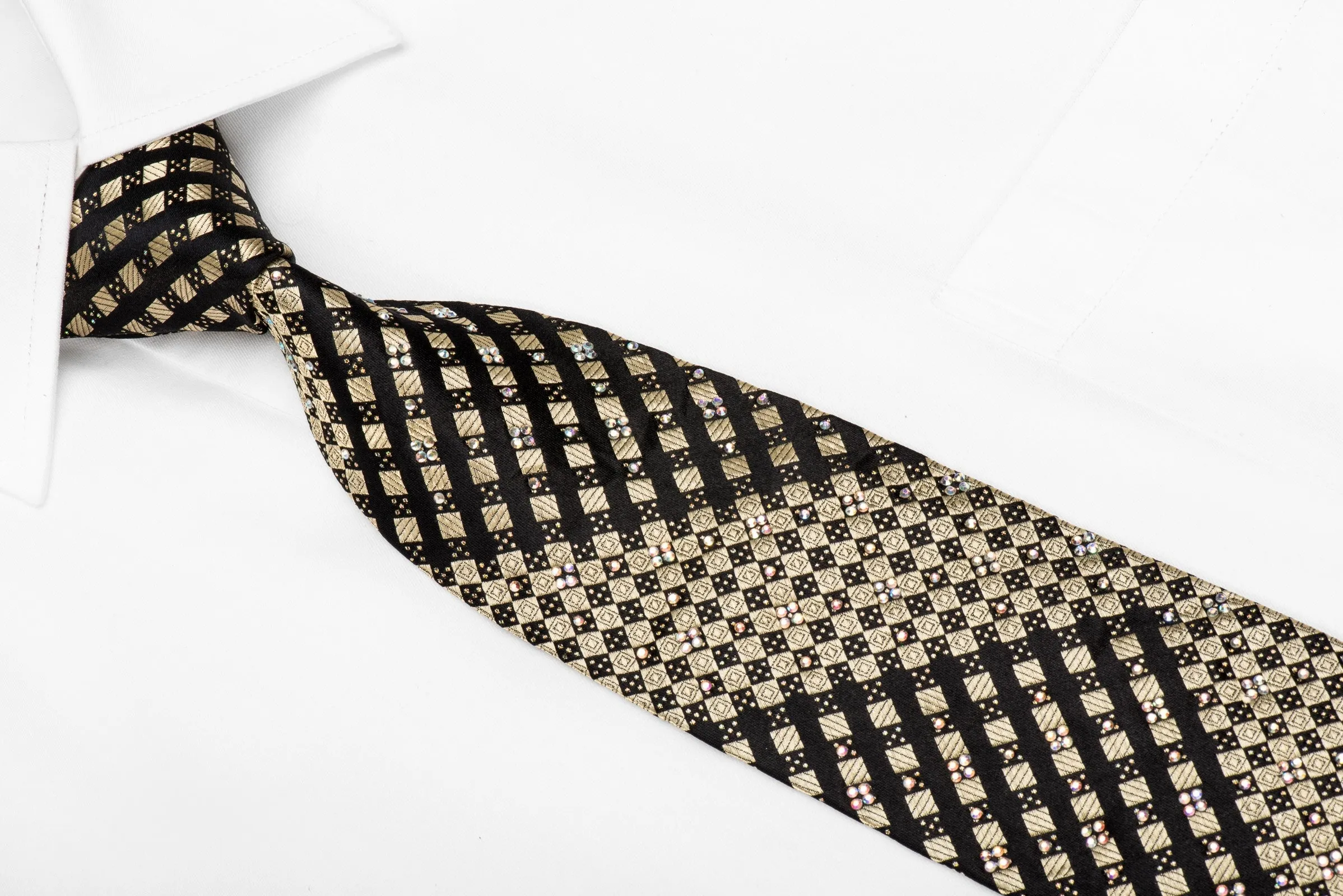 Roberta di Camerino Men's Crystal Tie Black Gold Diagonal Checker With Golden Sparkles