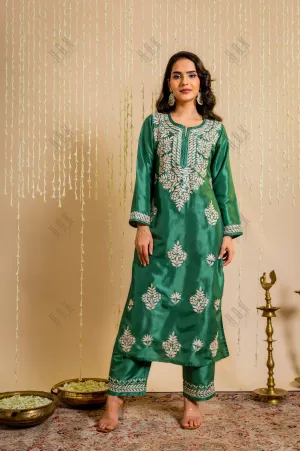 Saba Silk Chikankari Kurta Set for Women - Mehndi Green