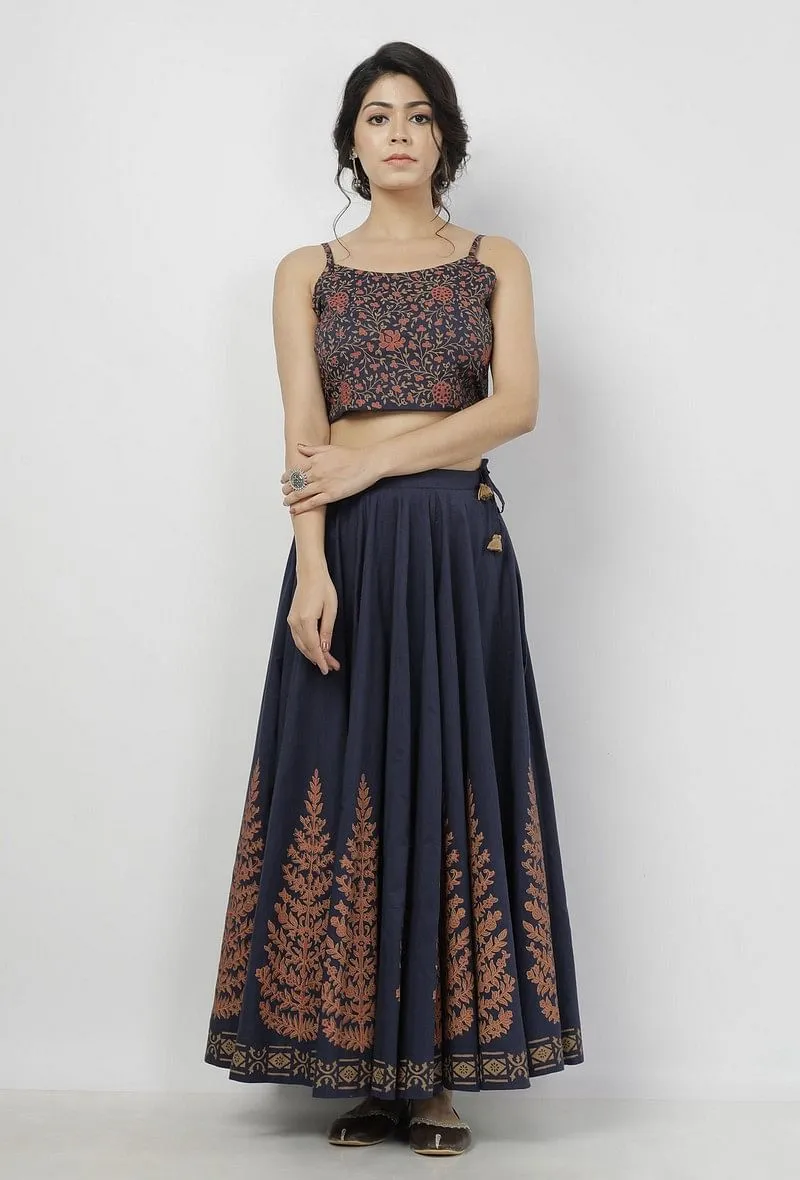 Set of 3: Indigo Blue Floral Hand-Block Printed Cotton Slip Blouse with Hand-Block Printed Tasseled Cotton kali Skirt and Floral Hand-Block Printed Kota Dupatta