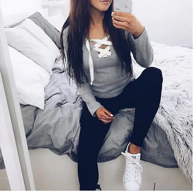 Sexy Casual Kawaii Hoodies Sweatshirts 2017 Women Fashion Long Sleeve V-neck Bandage Hoodies Shirts Casual Sexy Women Tops GV371