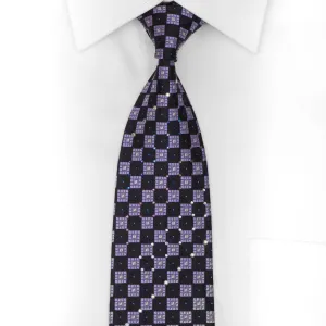 Silver Navy Purple Checkered Rhinestone Silk Necktie With Blue Sparkles