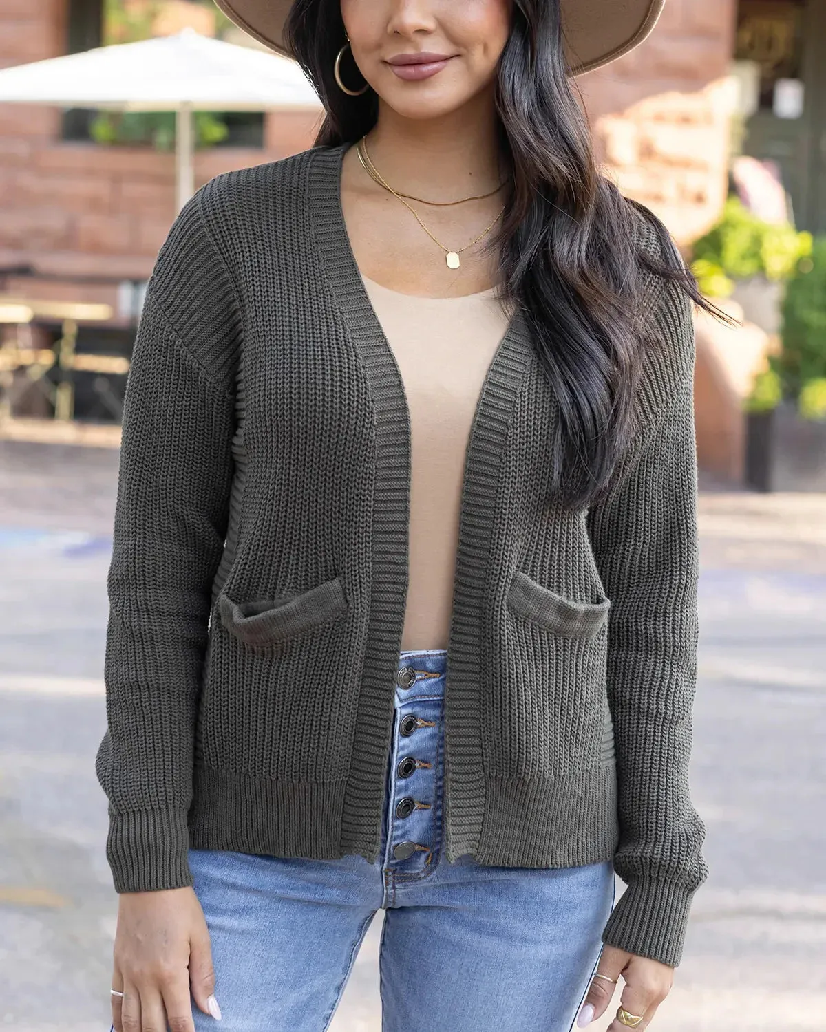 Slouchy Knit Pocket Cardigan In Deep Olive by Grace & Lace (Ships in 1-2 Weeks)