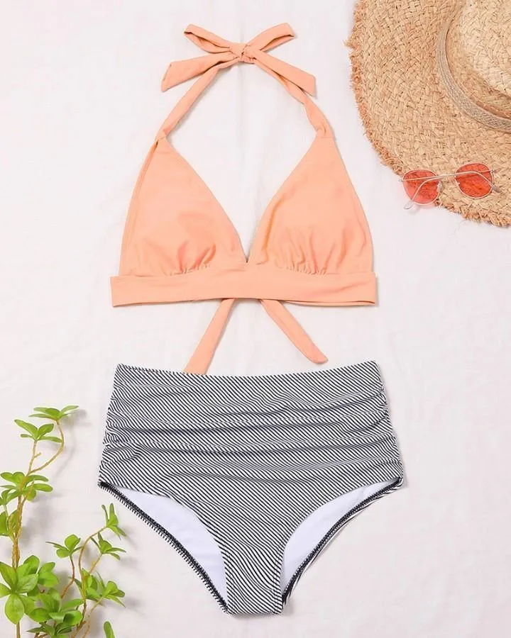 Solid Strappy Tanks With High Waist Panties Bikini Sets