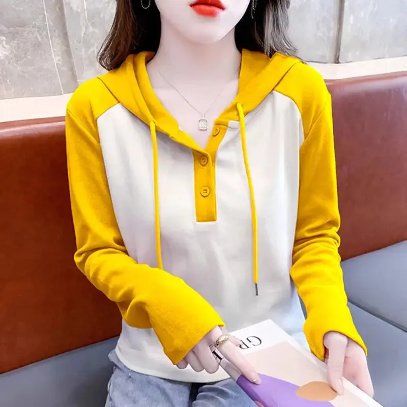 Spring Autumn Casual Patchwork Blouse Fashion Contrasting Colors Women's Clothing Hooded Drawstring Button Korean Straight Shirt