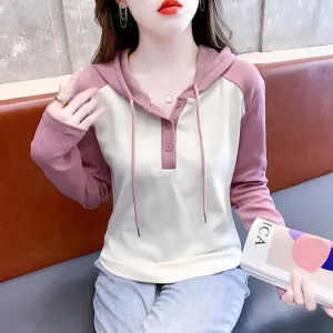 Spring Autumn Casual Patchwork Blouse Fashion Contrasting Colors Women's Clothing Hooded Drawstring Button Korean Straight Shirt