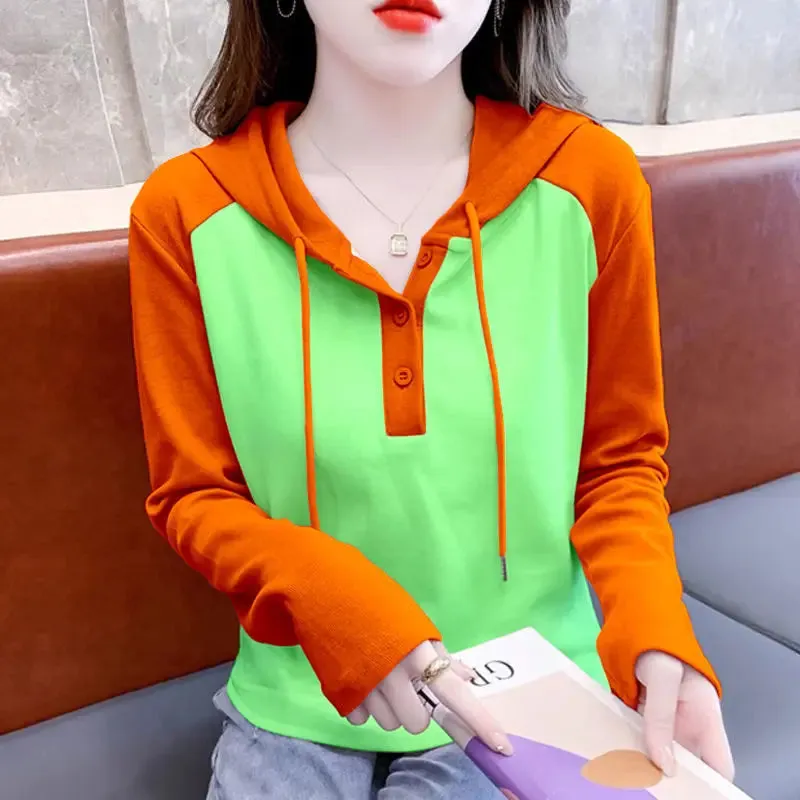 Spring Autumn Casual Patchwork Blouse Fashion Contrasting Colors Women's Clothing Hooded Drawstring Button Korean Straight Shirt