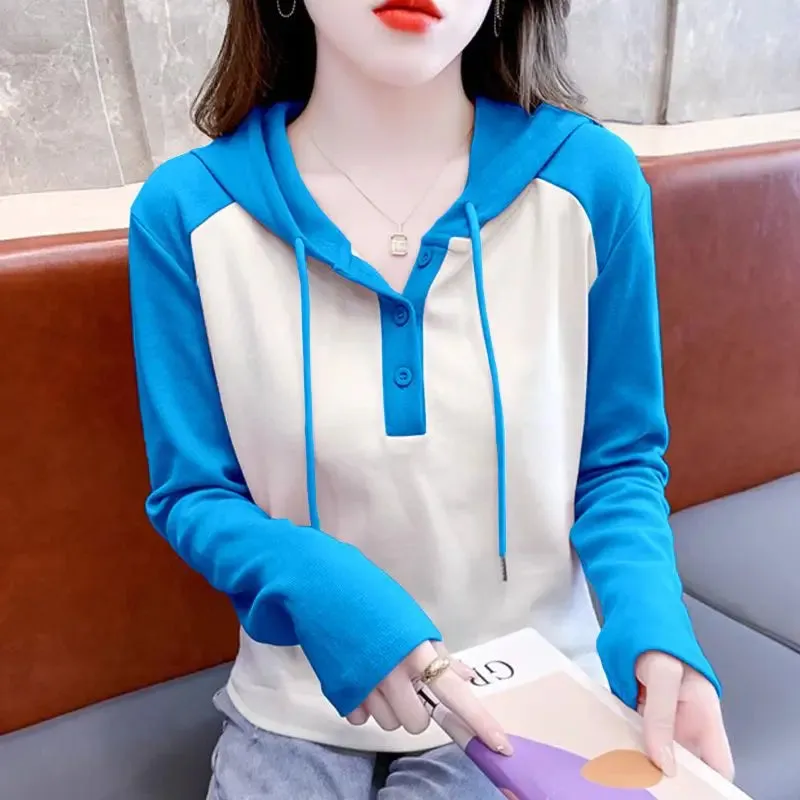 Spring Autumn Casual Patchwork Blouse Fashion Contrasting Colors Women's Clothing Hooded Drawstring Button Korean Straight Shirt