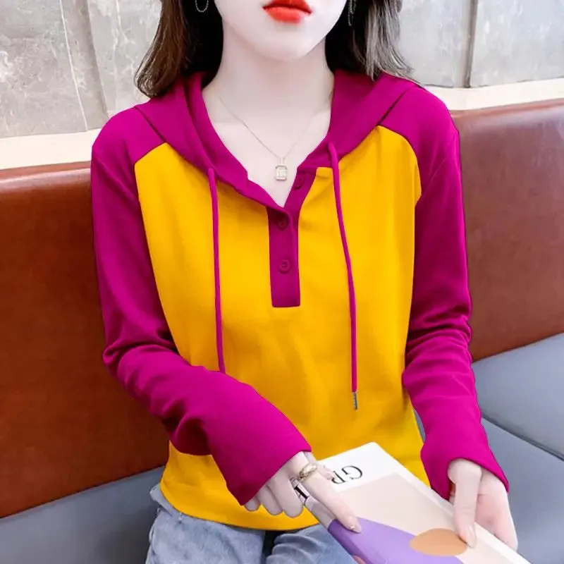 Spring Autumn Casual Patchwork Blouse Fashion Contrasting Colors Women's Clothing Hooded Drawstring Button Korean Straight Shirt