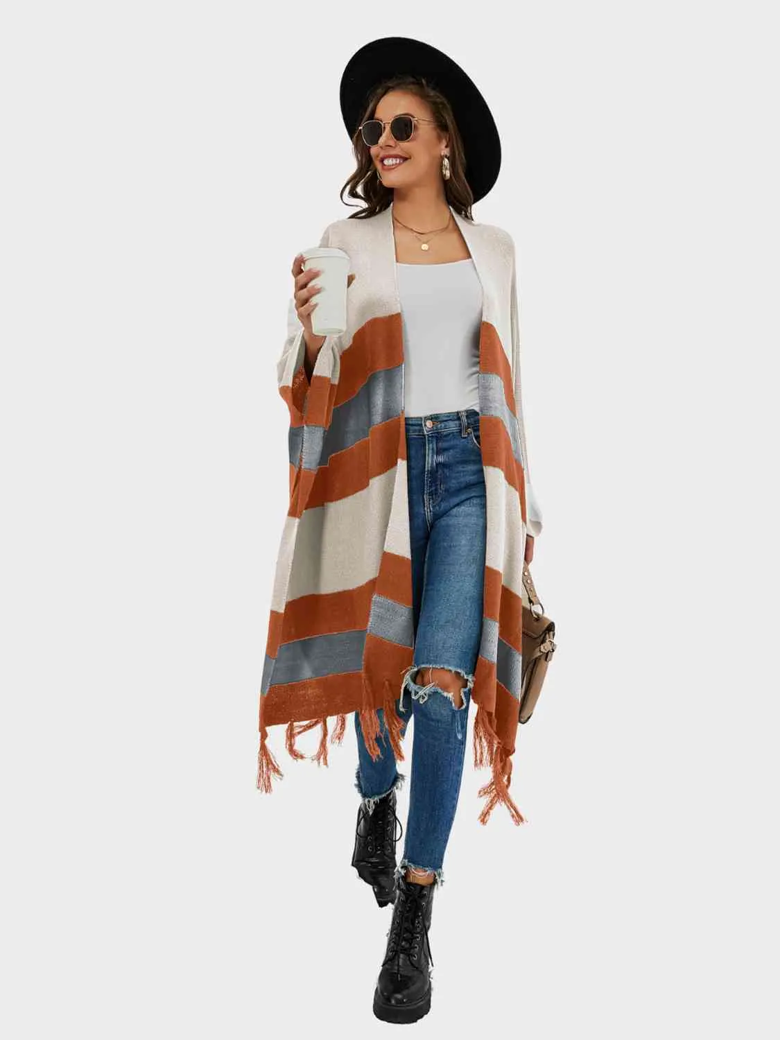 Striped Open Front Fringe Cardigan