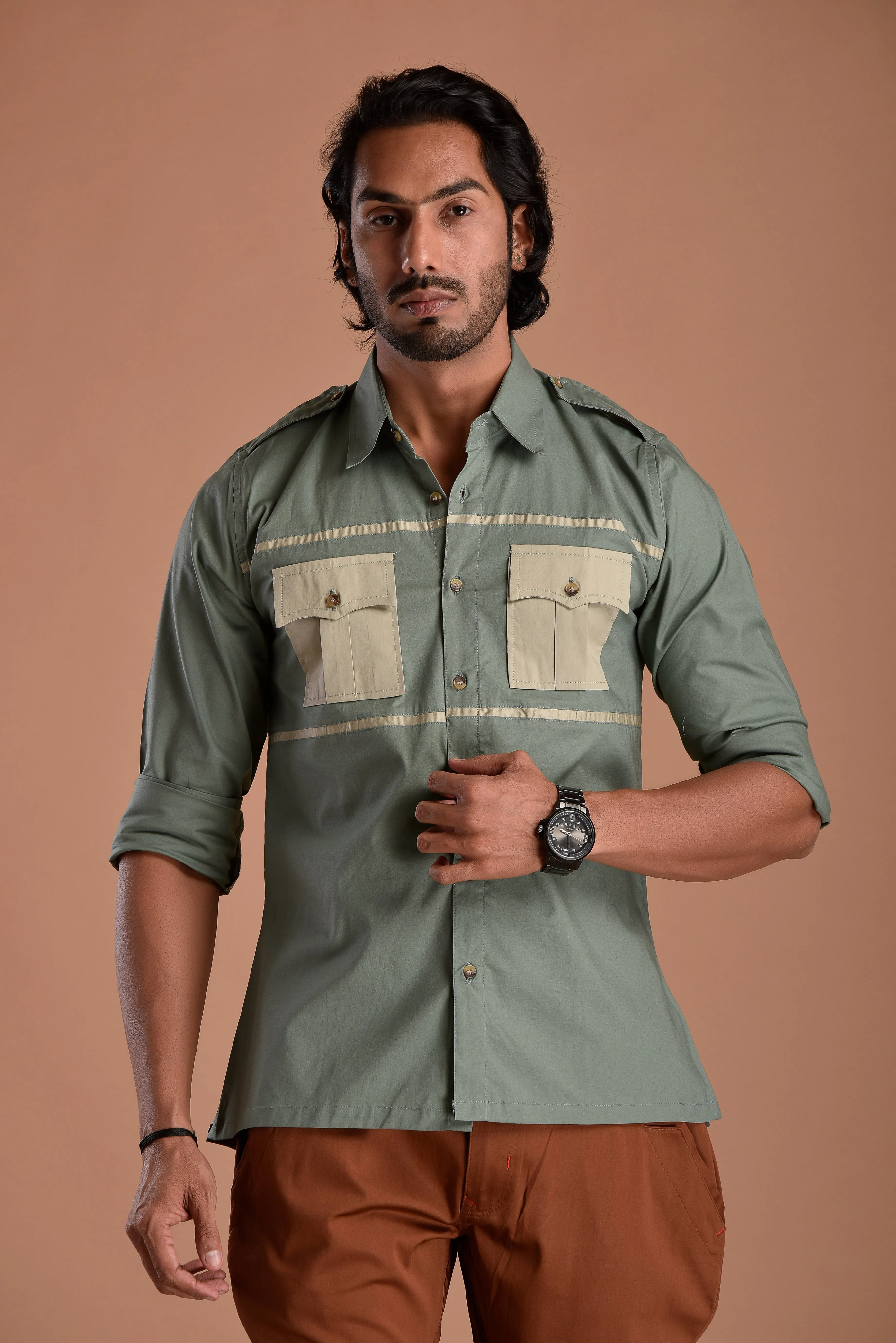 Stylish Basil Green Hunting Style Shirt