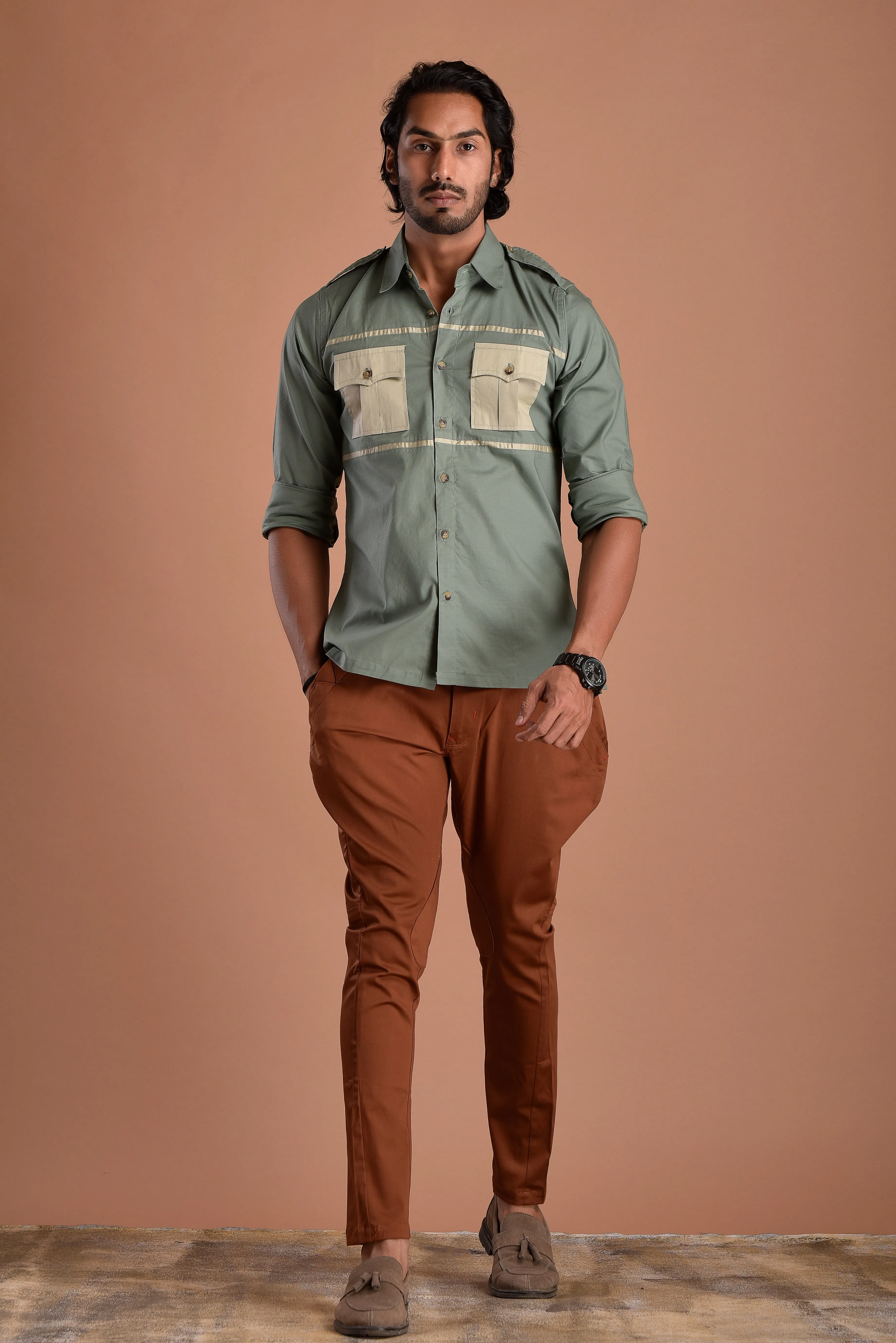 Stylish Basil Green Hunting Style Shirt